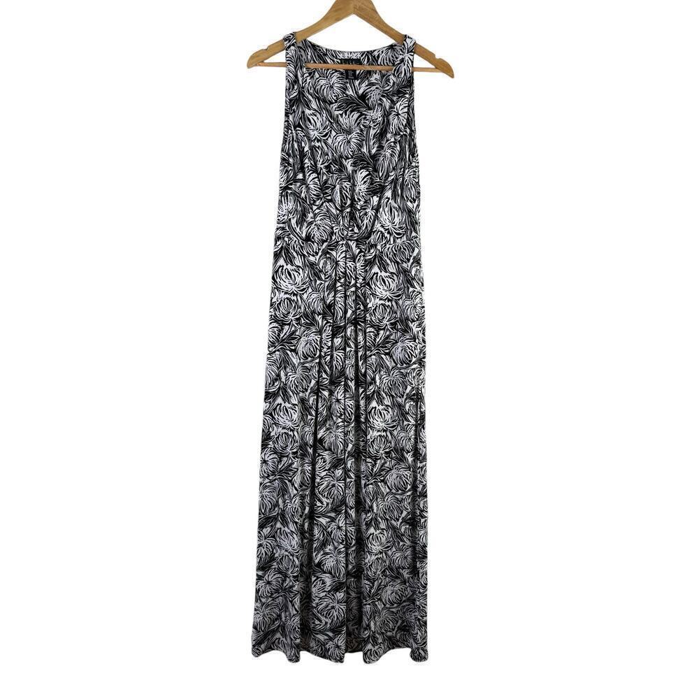 Nicole Miller Sleeveless Pleated Jersey Maxi Dress in‎ Black White Palm Print, M